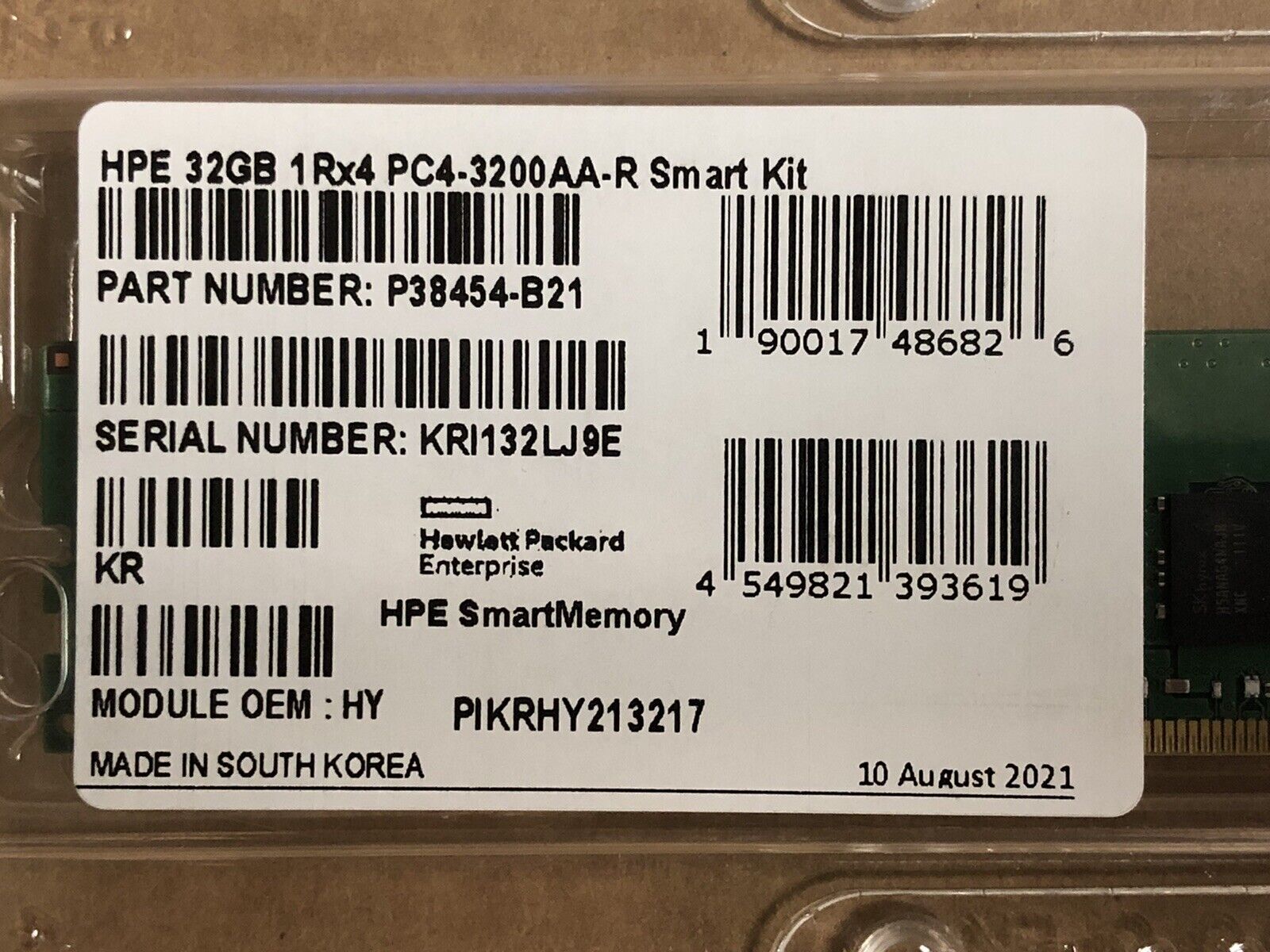 HPE P38454-B21 1x32GB Single Rank x4 DDR4 3200MHz RDIMM ECC CL22 Ram SmartMemory Kit