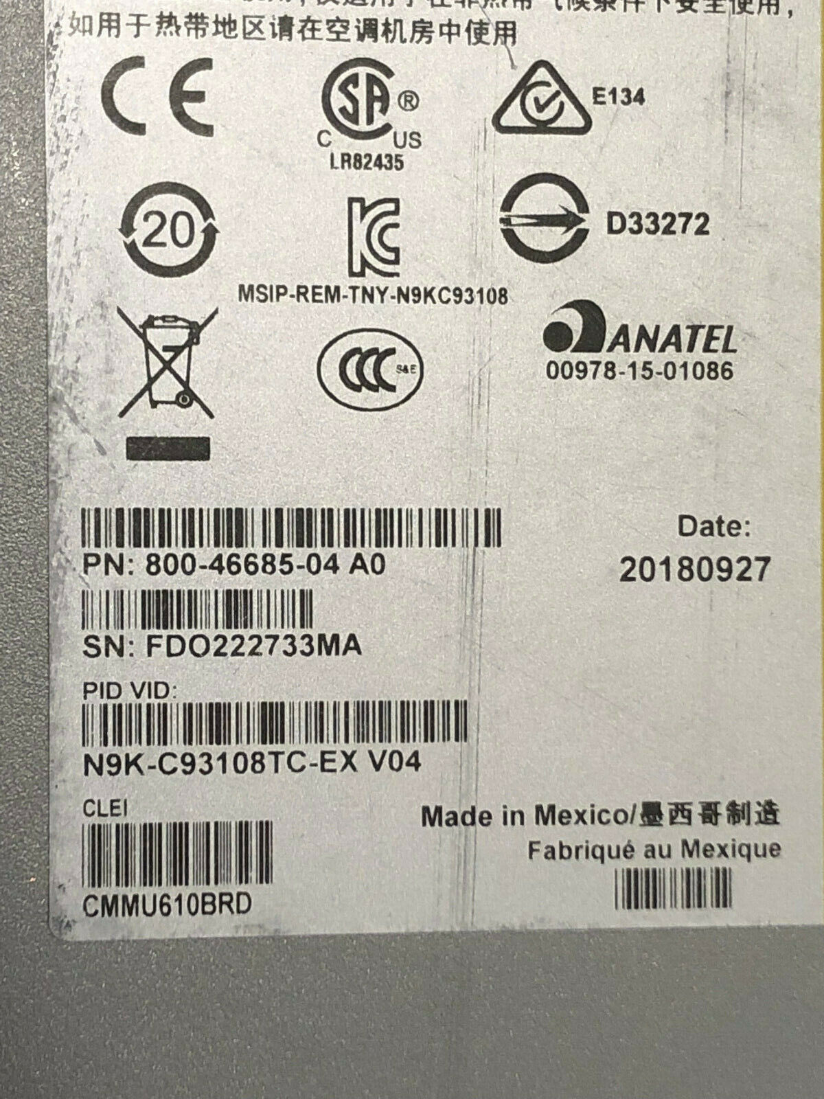 Cisco Nexus N9K-C93108TC-EX 48x 1/10GBASE-T RJ45 6x 40/100 Gbps QSFP28 ports PE.