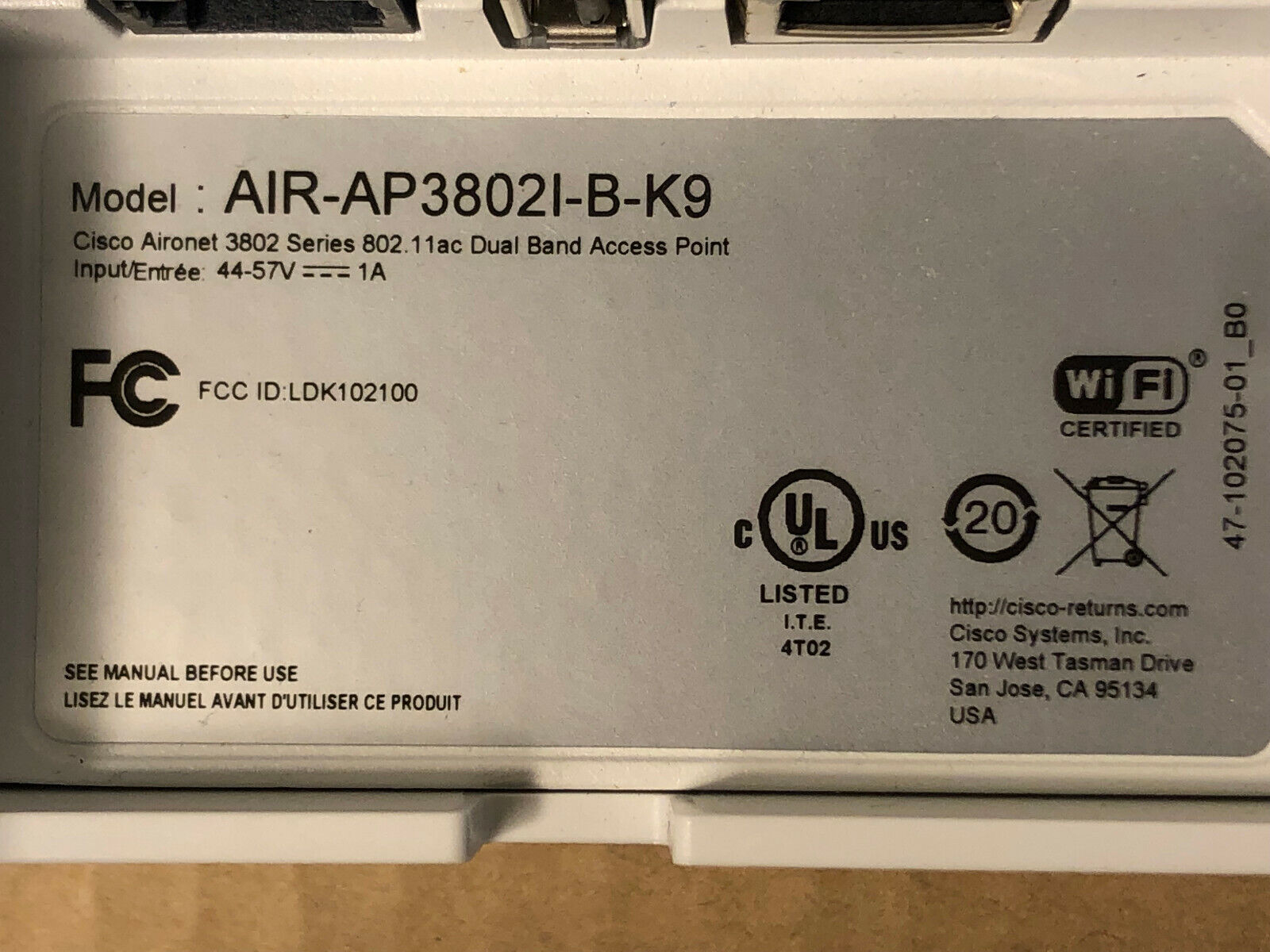 Cisco Air-AP3802i-B-K9 Wireless Access Point AP 802.11ac PoE/mGig port+Bracket.