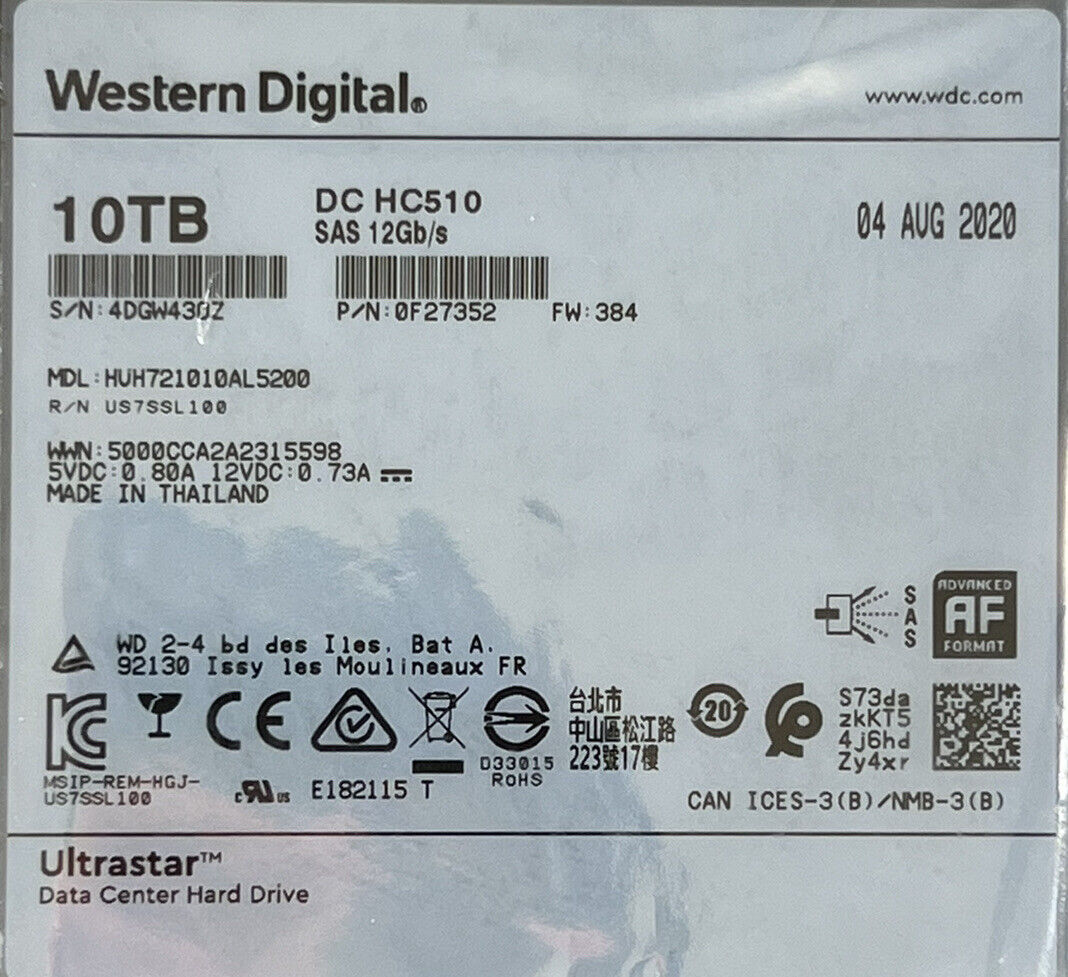 WD Ultrastar DC HC510 0F27352 10TB SAS 12Gb/s 7.2K rpm 3.5" LFF 512e HDD Hard Disk Drive