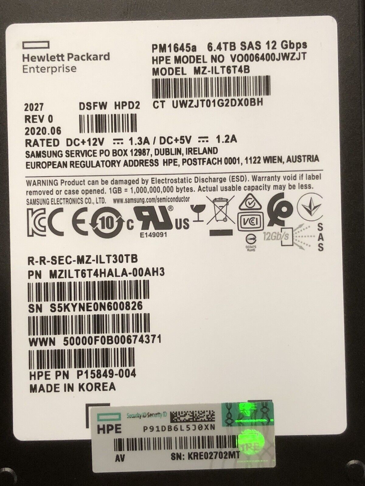 HPE P20841-001 6.4TB SAS 2.5" SFF Mixed Use SC TLC SSD Solid State Drive