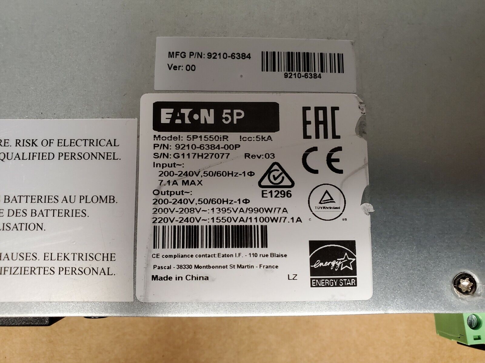 Eaton 5P 9210-6384 1550VA 1100W 7.1A UPS 6x C14 200V-240V Rails+Network-MS 01P 1PH.