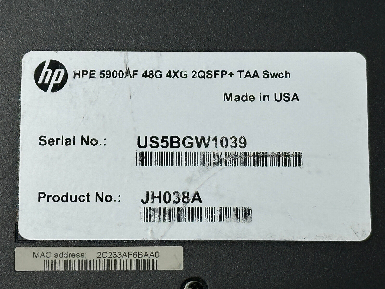 HPE JH038A FlexFabric 5900AF 48G 4XG 2QSFP+ L3 Switch 1x PSU 2x Back to Front Fan Kit.
