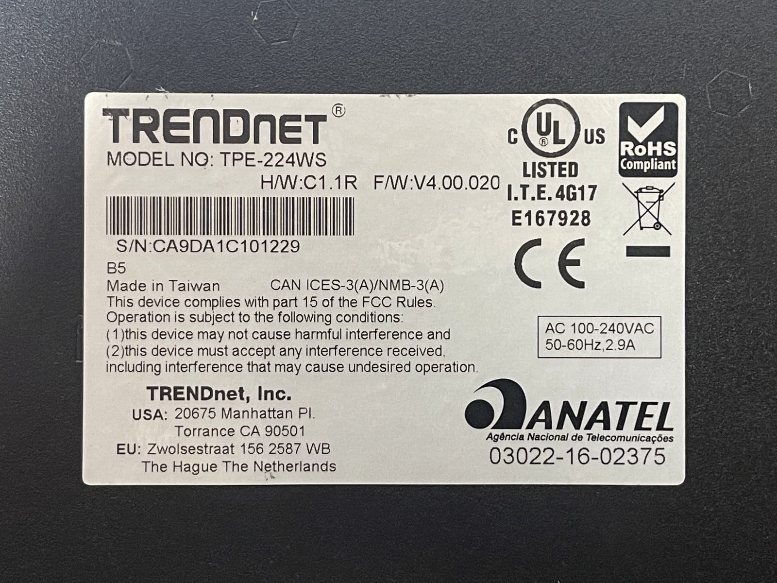 TRENDnet TPE-224WS  24-Port 10/100 Mbps + 4-Port 1GbE Web Smart PoE+ Switch 193W