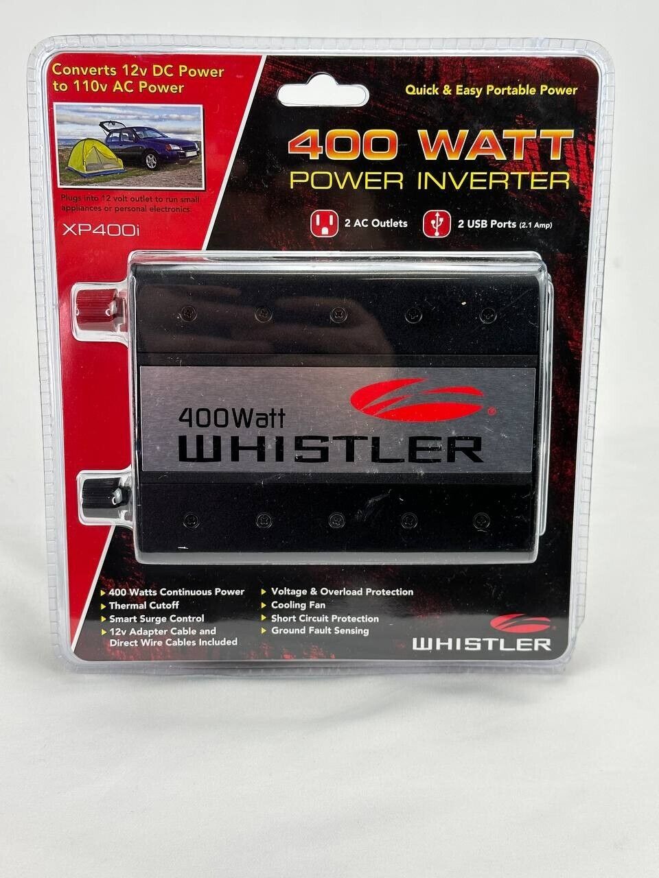 Whistler XP400i 400 Watt Power Inverter 2 USB Ports 2 AC Outlets 12V DC to AC