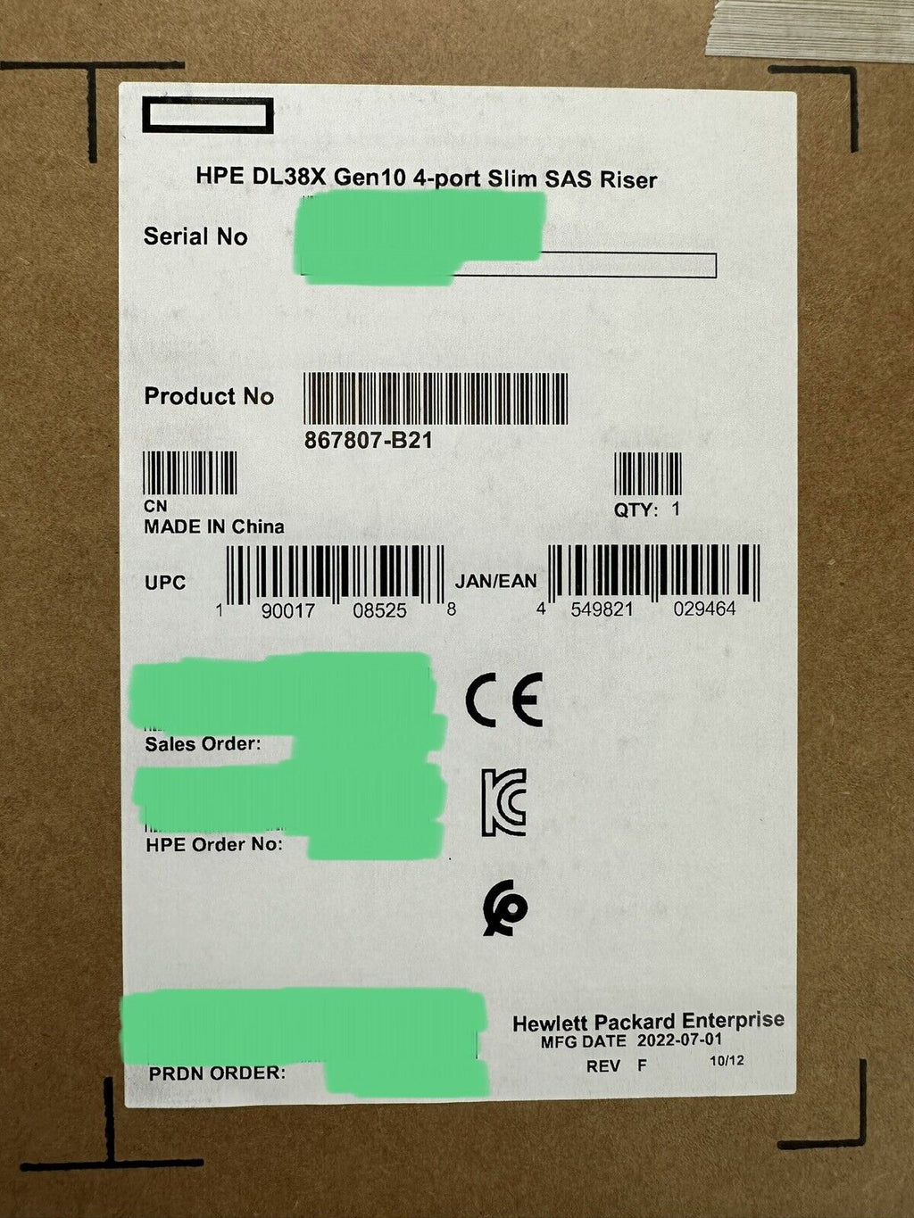 HPE DL38X DL380 DL385 Gen10 4-port 8 NVMe Primary SlimSAS Riser Kit 8x