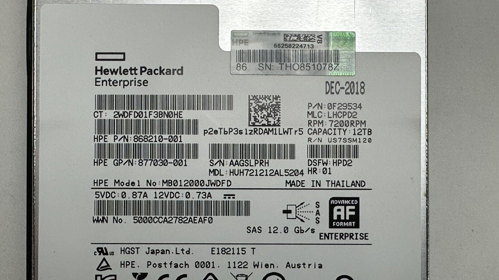 HPE 882398-001 12TB SAS 12Gb/s 7.2K rpm 3.5" LFF LP 512e HDD Hard Disk Drive