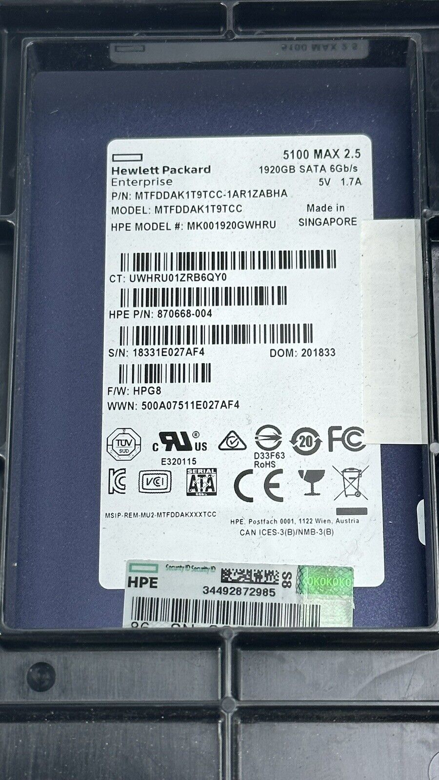 HPE 1.92TB SATA 6G Mixed Use LFF SC SSD 97.8+% 5DWPD 17.6TBW MU G8 G9 G10 DS 3.5